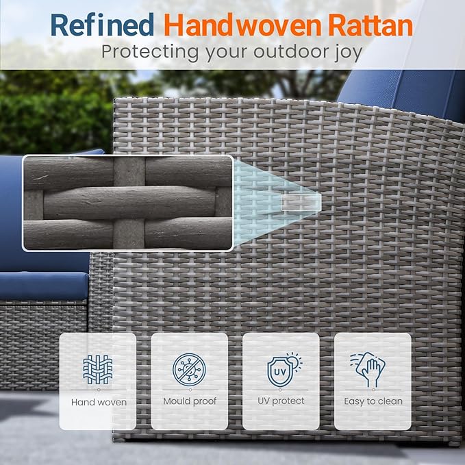 Wisteria Lane 4 Piece Patio Furniture Set, Wicker Outdoor Patio Conversation Furniture Set, All Weather Outdoor Patio Sofa with Cushion and Glass Table, Blue