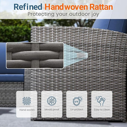 Wisteria Lane 4 Piece Patio Furniture Set, Wicker Outdoor Patio Conversation Furniture Set, All Weather Outdoor Patio Sofa with Cushion and Glass Table, Blue