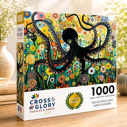 Cross & Glory - The Octopus Who Grew Flowers - 1000 Piece Jigsaw Puzzle for Adults | Vibrant Octopus and Floral Artwork | Challenging Puzzle for Adults | Eco-Friendly Materials