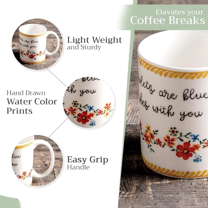 Maison d' Hermine Coffee Mug with Handles Tea Cups (12 Ounce, Pack of 1) | Fine Bone China Coffee Mugs for Hot Beverages Cappuccino Latte Home Spring Summer -Happy Florals - Sweety Roses Are Red