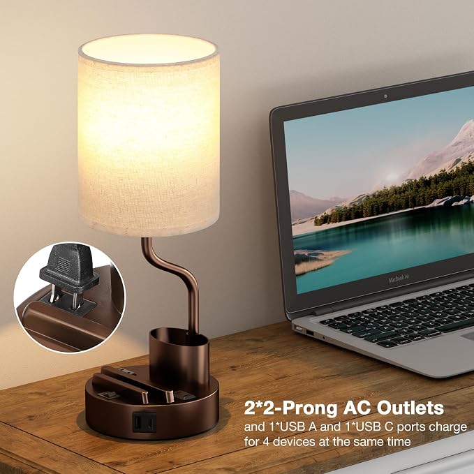 Fenmzee Bedside Lamps for Bedroom Set of 2 - Table Desk Lamp for Nightstand | 15" Table Lamp for Living Room with Pen Holder & Phone Stand, USB A+C Port, AC Outlet, 3 Color Temperature, LED Bulb Included