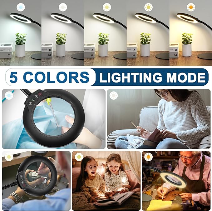 10X Magnifying Glass with Light, Flexible Gooseneck Lighted Magnifier with Stand, 5 Color Modes Stepless Dimmable LED Desk Lamp Hands Free for Crafts Painting Sewing Jewelry Reading Close Work