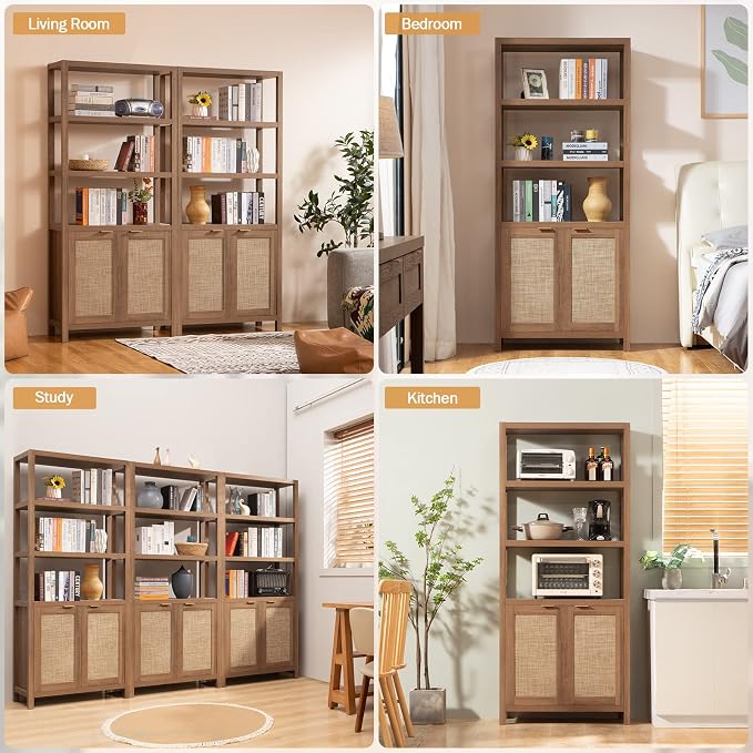 SICOTAS Bookshelf 5 Tier Book Shelf Rattan Boho 71" Tall Bookcase with Doors Storage Shelves Large Bookshelves Farmhouse Bookcases Library Book Case for Living Room Bedroom Home Office Kitchen