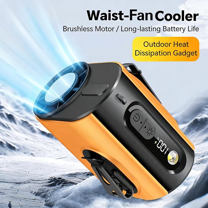 Portable Wearable Waist Iec Fan,with Semiconductor Ice Cooler,10000mAh Rechargeable Clip On Belt Cooling Fan, 100-Speed/16000RPM Personal Body Fans,25H Work Time for Camping, Outdoor, Jobsite（Orange）