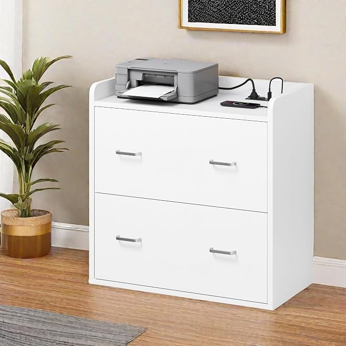 DWVO File Cabinet with Charging Station, 2 Drawer Lateral Filing Cabinet with Storage, Large Printer Stand for Home Office Living Room, Fits A4 Legal Letter Documents, White
