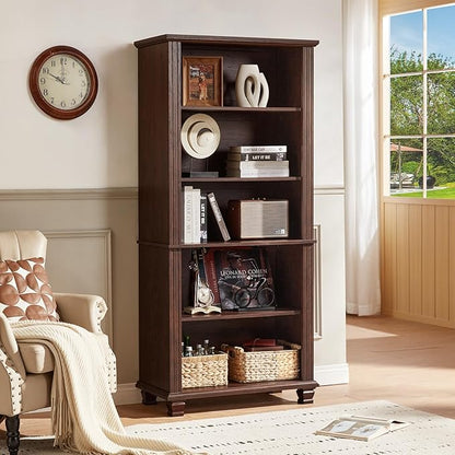 SAVOR LIFE 70" Tall Walnut Bookshelf,5 Tier Wooden Book Shelf with Adjustable Shelves & Wood Legs,Free Standing Farmhouse Bookcase with Open Display Storage,Vintage Bookshelves for Classroom, 3PCS