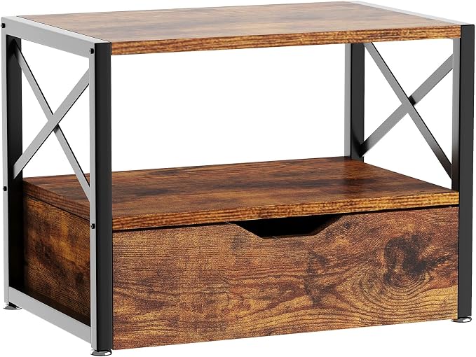 IBUYKE 2 Tier Desktop Printer Stand,Multi-Purpose Desk Organizer,Wooden Printer Stand with Drawer Storage for Folders,Books,for Fax Machine, Scanner,Home Office,Rustic Brown UTLJ006H