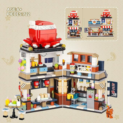 Japanese Street View Takoyaki Shop Mini Building Blocks, MOC Creative Japanese Toys for Girls 6-12 Years Old, 722 Pcs Simulation Architecture Construction Toy, Gift Idea for Kids Adults