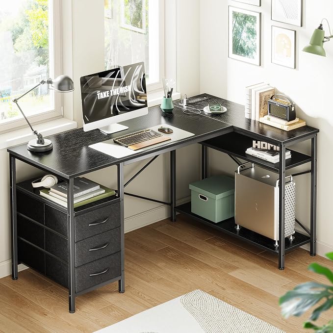 Huuger L Shaped Office Desk with Power Outlets, 47 Inch Computer Desk with 3 Drawers, Shelves, for Gaming, Corner Work, Home Office, Study, Black