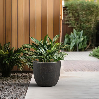 Kante 14 Inch Dia Round Concrete Planter, Indoor Outdoor Large Plant Pot with Drainage Hole and Rubber Plug for Home Patio Garden, Oil Rubbed Bronze