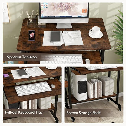Tangkula Rolling Computer Desk Cart with Keyboard Tray, Mobile Portable Laptop PC Desk with CPU Stand & 3 Hooks for Sofa & Bed, Industrial Small Desk on Wheels for Small Spaces, Home Office Desk