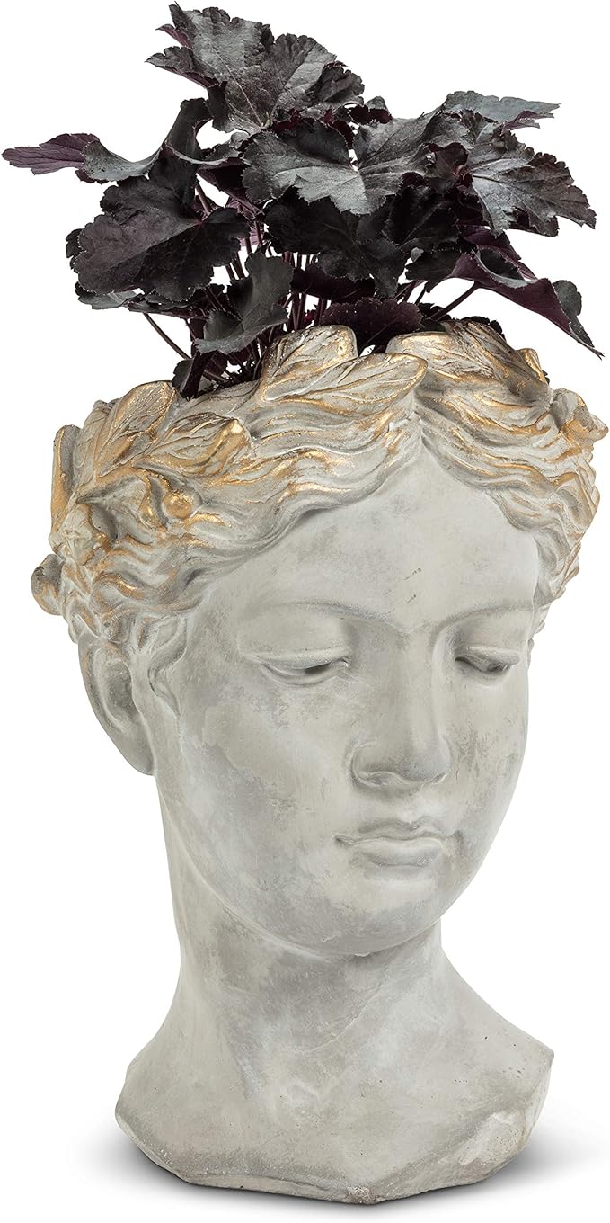 Abbott Collection Aphrodite Head Planter – Large Indoor and Outdoor Planter Pots - Whimsical Woman Statue Head Planter for Flowers and Succulents (Grey/Gold, 10" Tall, 4.5" Opening)
