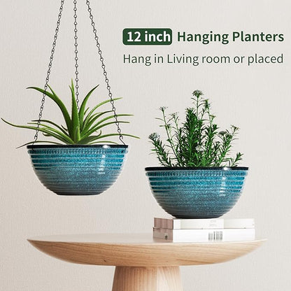 12 inch Large Hanging Planters for Indoor Outdoor Plants, Set of 2 Glazed Hanging Flower Pots with Drainage Hole, Hanging Baskets for Garden Home Porch Decor