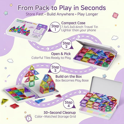 Magnetic Tiles for Kids Travel: 40pcs Portable Mini Building Toy - 30-Sec Iron Case Opens Into 10.6-Inch Play Board - STEM Gift for Toddlers Ages 3-6 - Airplane Road Trip Restaurant