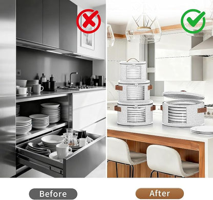 Foyego China Storage Containers, Light Gray, 4 Piece Set | with Lid, Handles & Visible Window, Stackable Moving Boxes for Plates Storage, Sturdy Dish Packing Supplies for Protection