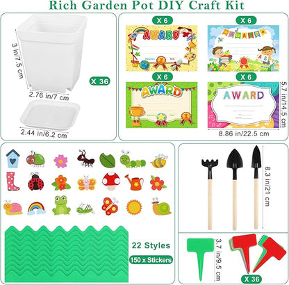Elcoho 36 Set Garden Plastic Pot Craft Kit Plant Spring Craft Kits for Kids Flower Pots with 150 Foam Stickers 36 Labels 24 Certificate of Awards 3 Tools Planting Growing Kit for Kids, White