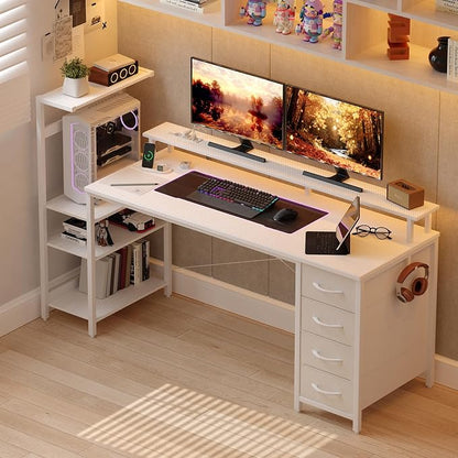 59 Inch Gaming Desk with Drawers & PC Tower Stand & LED Lights, White | Reversible, Monitor Shelf, Power Outlets, Carbon Fiber, Mesa Gamer, Computer Desk with Storage, Gaming Table for Home Office