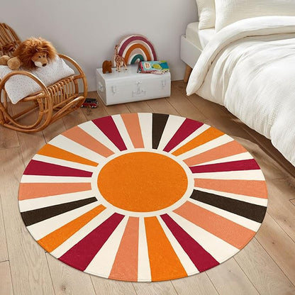 Round Washable Rug 4 Ft Small Round Rug for Kids Room, Orange Sun Circle Rug for Playroom, Non-Slip Circular Office Carpet Soft Rainbow Rug for Bedroom Reading Corner Dorm
