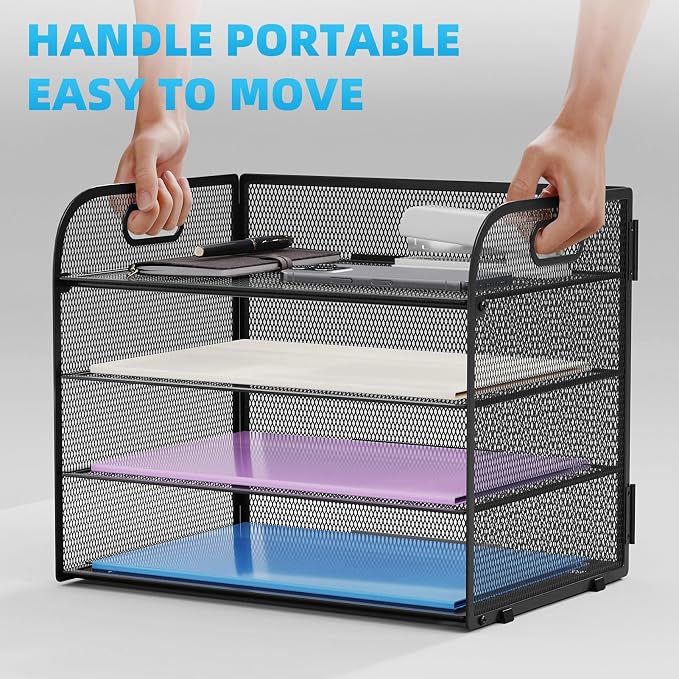 Marbrasse 2 Pack 4 Tier Paper Organizer Letter Tray - Mesh Desk File Organizer with Handle, Paper Sorter Organizer for Letter/A4 Office File Folder Holder (Black, 12.6" x 9.1" x 10.7")