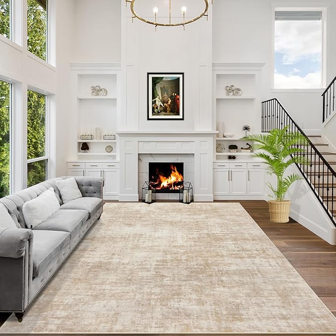 9x12 Area Rugs Washable Rug: Modern Abstract Living Room Rug Soft Anti-Skid Thin Carpet Indoor Floor Non-Shedding Carpets for Bedroom Dining Room Farmhouse Nursery Home Office Beige