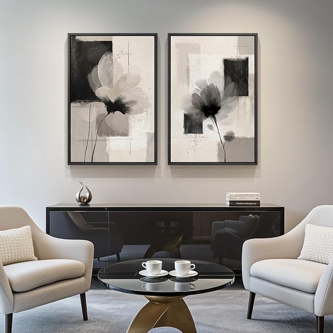 Large Framed Neutral Abstract Floral Wall Art, Set of 2 Black and Beige Modern Canvas Prints Paintings Artwork for Walls, Minimalist Pictures for Living Room, Dining Room, Bedroom Wall Decor 24x36 In