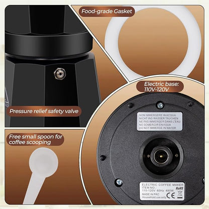 Electric Aluminum Moka Pot 3-6 Cup 150-270ml Espresso Maker | with Detachable Base Ideal Coffee Makers for Home MochaPot Italian and Cuban Café Coffeemaker Espressomaker CoffeePot Black