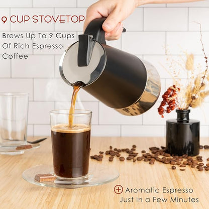 Mixpresso 9 Cup Greca Moka Pot, Stainless Steel Stovetop Espresso Maker | 450ml/15oz Italian stovetop coffee maker with classic percolator design, ideal for preparing coffee at home or while camping