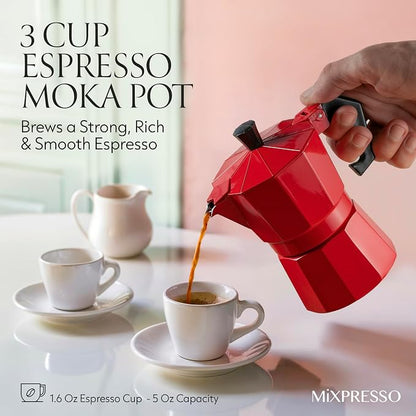 Mixpresso 3 Cup Moka Pot Stovetop Espresso Maker, Italian Cuban Coffee Pot | 5oz aluminum Italian coffee maker for gas and electric stovetops, small design for traditional espresso-style coffee at home
