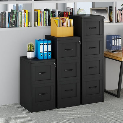 Small Metal 3-Drawer File Cabinet, Under-Desk Filing Cabinet, Black | Locking, Adjustable Hanging Rail, Fit A4, FC, Letter, Hanging File Folders for Home Office Storage Organization, 1PS