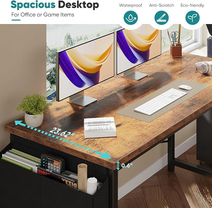 OLIXIS Computer Desk, 63 Inch Gaming Desks for Home Office Small Spaces | Writing Study Craft Work Table, Computer Workstation for Bedroom with Storage Bag, Rustic Brown