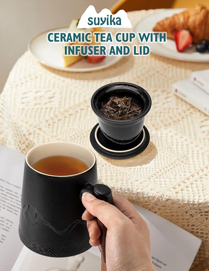 suyika Tea Cup with Infuser and Lid, 15.2 Ounce Wood Handle Ceramic Loose Leaf Mug Gradient Black 450ml