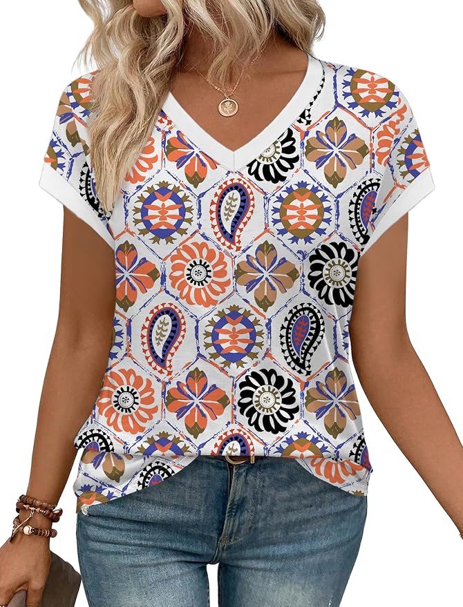 WIHOLL Womens Summer Tops 2026 Cap Short Sleeve Shirs V Neck T Shirts Fashion Beach Vacation Clothes Color Block