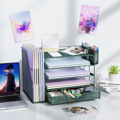 gianotter 5-Tier Desk Organizer with Drawers and File Holders | Letter Trays and Pen Holders - Workspace Accessories for Office Supplies (Green)
