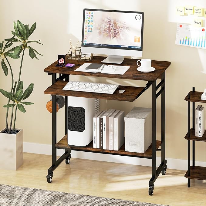Tangkula Rolling Computer Desk Cart with Keyboard Tray, Mobile Portable Laptop PC Desk with CPU Stand & 3 Hooks for Sofa & Bed, Industrial Small Desk on Wheels for Small Spaces, Home Office Desk