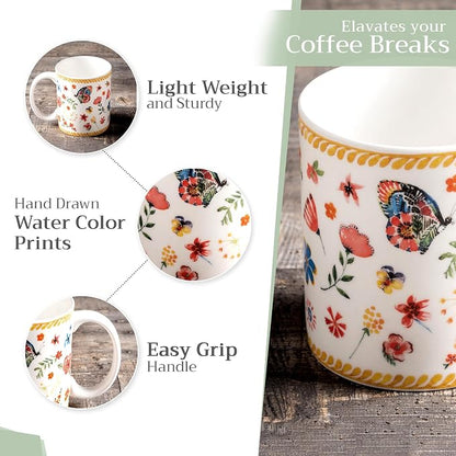 Maison d' Hermine Coffee Mug with Handles Tea Cups (12 Ounce, Pack of 2) | Fine Bone China Coffee Mugs for Hot Beverages Cappuccino Latte Home Restaurant Hotel Spring Summer -Happy Florals - Sweety