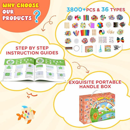 Zefy 3800+ Pcs Arts and Crafts Kit Supplies for Kids, All in One Art Supplies with 20 Crafts Design, DIY Craft Box Set School Supplies Gifts Toys for Girls Boys Ages 4-12