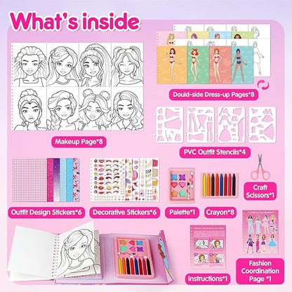 Mocoosy Makeup Art Craft for kids Ages 4-8, Pretend Play Makeup Coloring Activity Book with Stickers, Fashion Design Sketchbook, Travel Game Airplane Car Road Trip Toy Birthday Gift for Girl 5 6 7 8 9