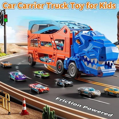 Race Track Truck Toys for 3 4 5 6 7 8 Years Old Boys, 2-Tier Storage Carrier Vehicle Playset with 12 Die-Cast Racing Car Toys, Car Ramps, Birthday Gifts for Toddlers Kids Girls Age 3-5 4-8