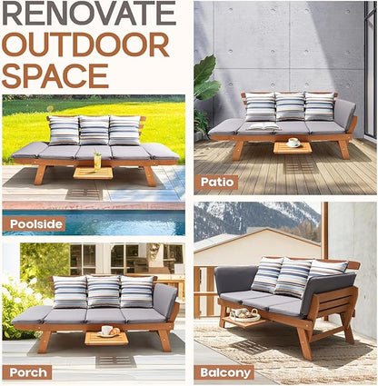 IDZO Amelie Outdoor Daybed Sofa: 750lbs Max Weight Support, Sleeper Chair with Armrest, Coffee Tray, 3 Pillows, FSC Wood, Gray, Ideal for Outdoor Couch