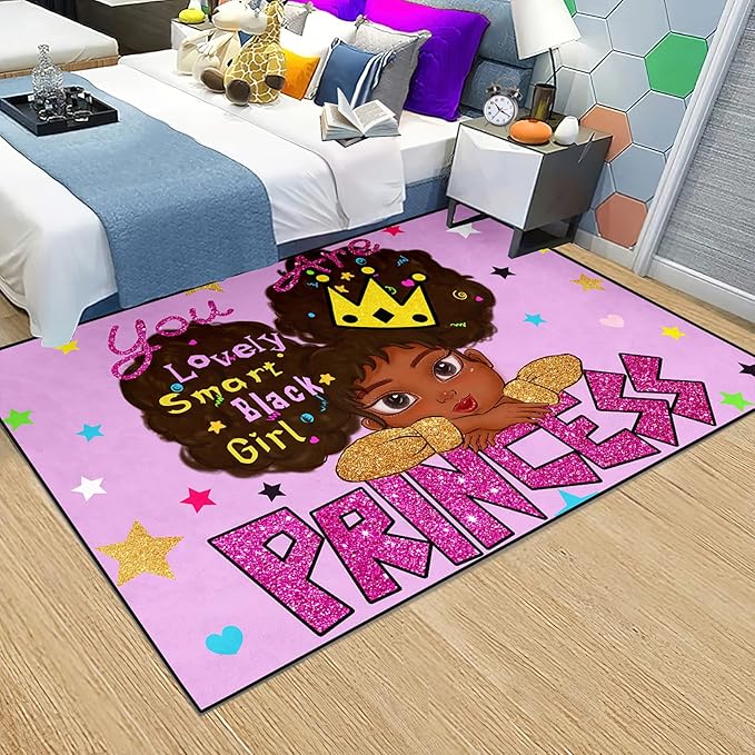 Black Girl Area Rug for Bedroom Cute African American Girls Floor Rugs Black Girls for Bedroom Large Rugs Purple Room Decor for Teen Girls Living Room Rug for Girls Room, 4'5'' × 6'