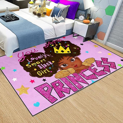 Black Girl Area Rug for Bedroom Cute African American Girls Floor Rugs Black Girls for Bedroom Large Rugs Purple Room Decor for Teen Girls Living Room Rug for Girls Room, 4'5'' × 6'