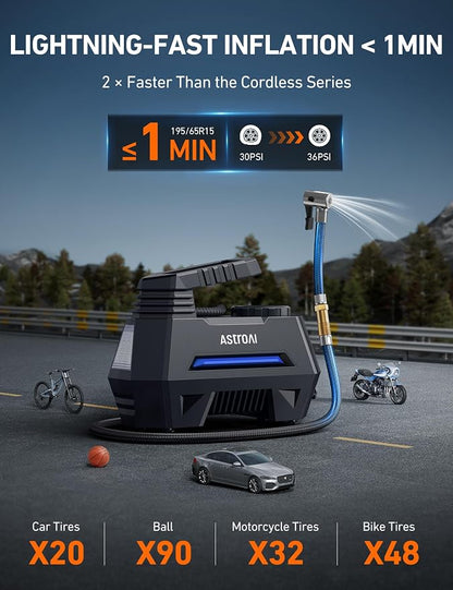 AstroAI AIRUN H Tire Inflator Portable Air Compressor,Fast Inflation Electric Air Pump for Car Tires-Car Accessories,9.8Ft Cord-12VDC-Powered Auto Shut-Off with Digital Pressure Gauge,LED Light,Blue
