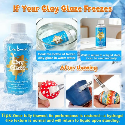 3.4FL OZ Air Dry Clay Glaze & 25pcs Tool Kit, Gloss Clay Varnish Protective Sealant to Prevent Cracking, Scratching & Wear - Pottery Tools for Stippling, Carving, Molding & Shaping Clay Crafts (Gloss)
