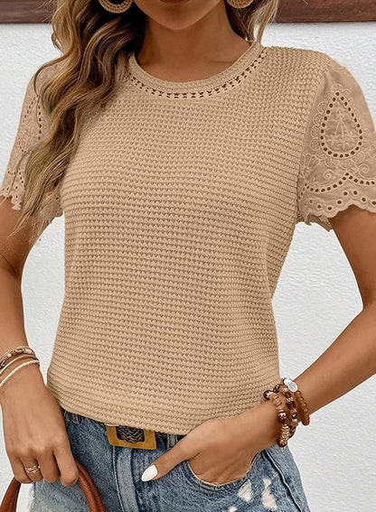 SHEWIN Womens Frenchy Summer Tops Crewneck Short Sleeve T Shirts Casual Waffle Knit Jacquard Blouses Top Shirts