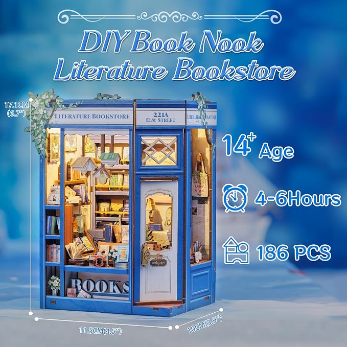 CUTEBEE DIY Book Nook Kit, Miniature House Kits for Adult and Teens, DIY Miniature Book Nook kit with Sensor Led Light, Gifts for Lovers and Family (Literature Bookstore)