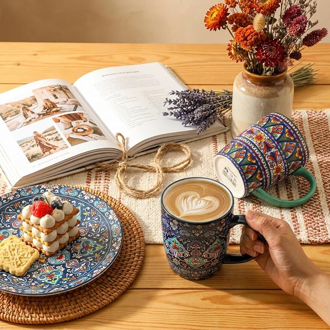glowworm Ceramic Coffee Mugs Set of 6, 16 oz Mug with Handle, Bohemian | Milk,tea, Large Coffee Cups for Latte Cappuccino, Milk Colorful Cup for Mom Dishwasher & Microwave Safe