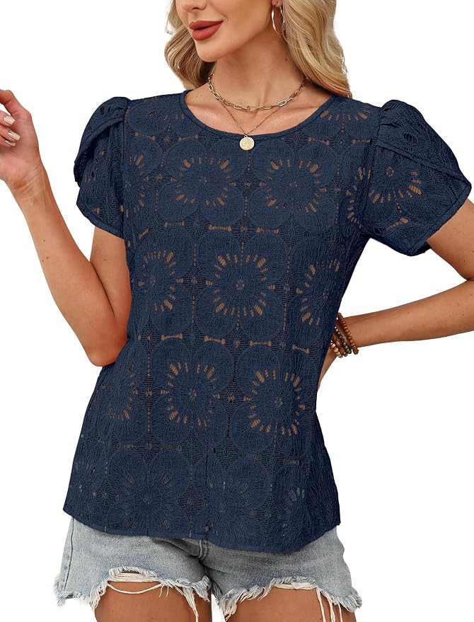 OFEEFAN Blouses for Women Dressy Casual Petal Short Sleeve Shirts Crochet Lace Boho Tops Spring Fashion Summer Outfits