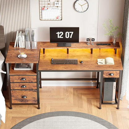 Furologee 60" Computer Desk with 4 Drawers, Power Outlet, LED, Rustic Brown | Home Office Desk with Full Monitor Stand,Storage Shelves, 4 File Drawers Cabinet ,Printer Space for Study Working Bedroom