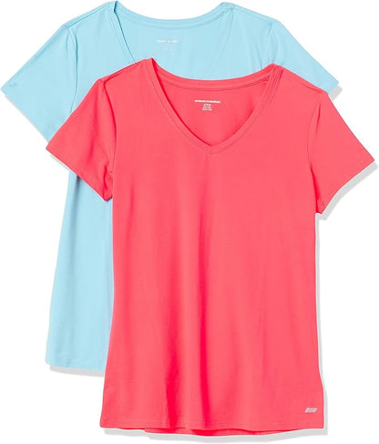 Amazon Essentials Women's Active Quick Dry Tech Stretch Short-Sleeve V-Neck T-Shirt (Available in Plus Size), Pack of 2