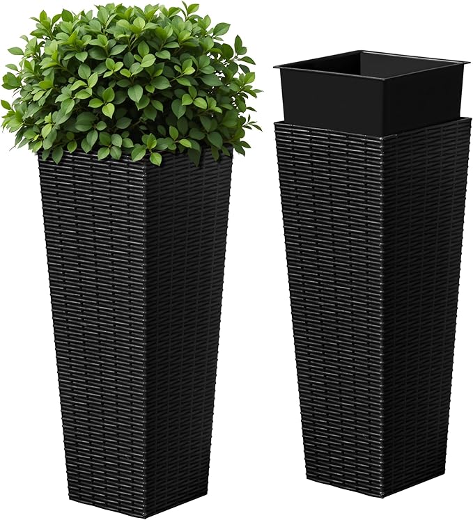 Devoko Resin Tall Planters for Outdoor Plants Set of 2, Large Taper Outdoor Planter Pots with 4 Drainage Holes, Flower Pots Modern Decor for Porch, Patio, Backyard, Home Garden (Black, 24")